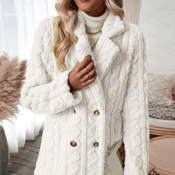 White Preppy Womens Double Breasted Lapel Neck Flannelette Coat - Picture 5 of 5